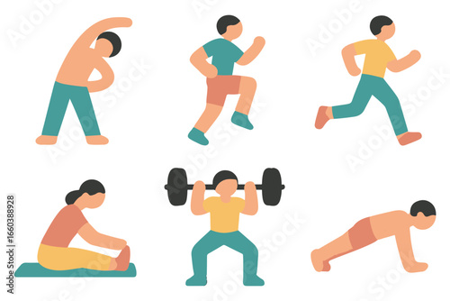 flat design icons for physical exercises stretching, running, weightlifting, yoga, and push ups for fitness, workout, and active lifestyle.