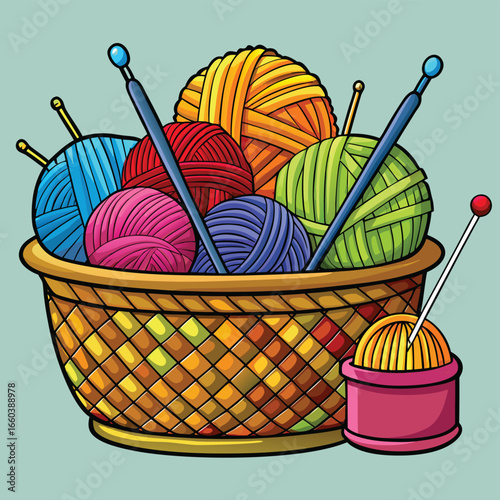 A colorful Easter basket with knitting needles and vibrant yarn