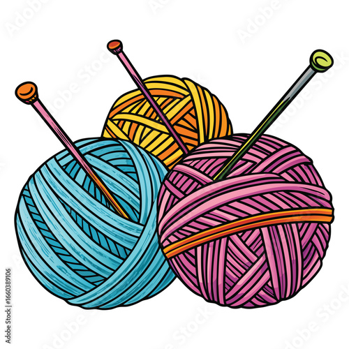 Colorful balls of wool and knitting needles in a basket for a creative hobby