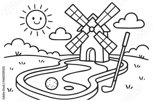 mini golf course illustration with windmill, golf ball, and club fun outdoor activity for sunny days, sports, and leisure.