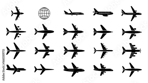 Collection of Airplane Icons and Globe Symbol