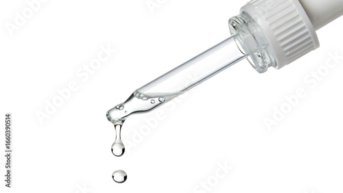 Clear essential water dripping from dropper cut out PNG. AI GENERATED.
