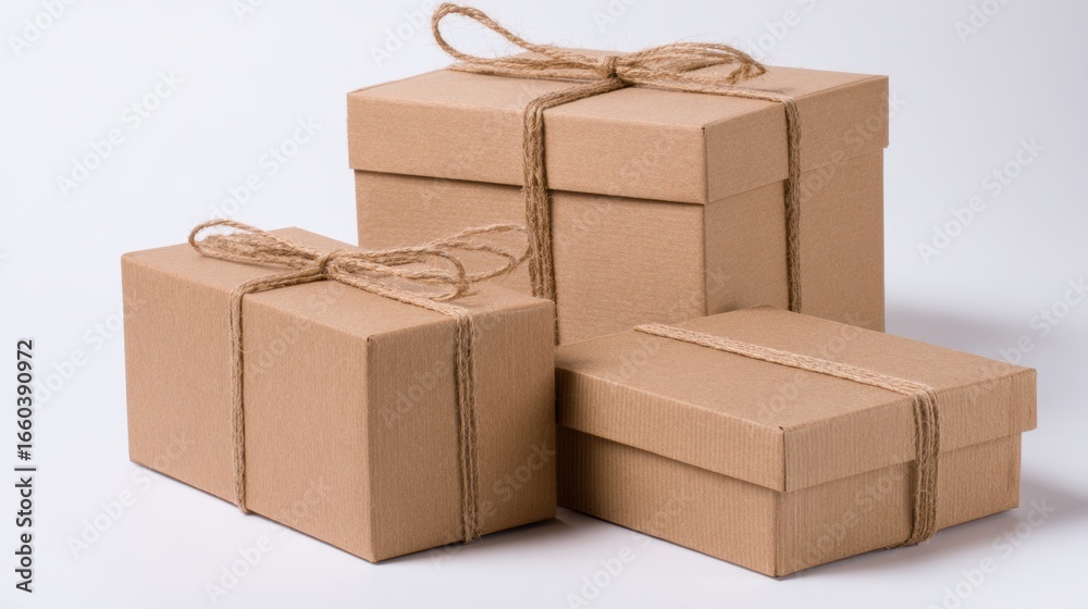 Fototapeta premium Three neatly stacked brown gift boxes tied with twine against a clean white backdrop, ideal for celebrations