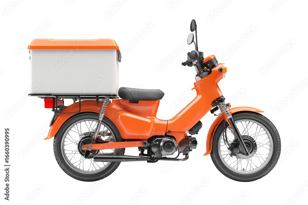 Obraz premium Orange scooter with white delivery box, side view, isolated