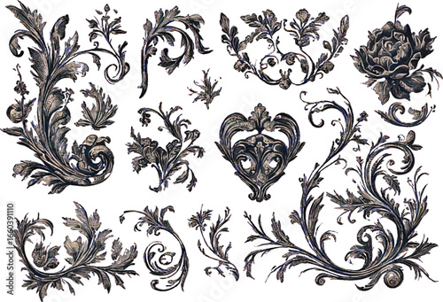 Assorted dark grey and blue ornate floral and scrollwork design elements on white vector illustration
