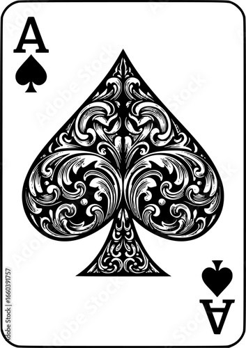 An ace of spades filigree symbol abstract playing card scroll pattern design motif in a vintage etched style
