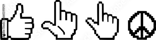 Set of bold black 8 bit pixel art hand gestures, including peace, love, OK, and thumbs up. Retro digital aesthetic with simplified shapes, evoking early iconography and nostalgic gaming styles