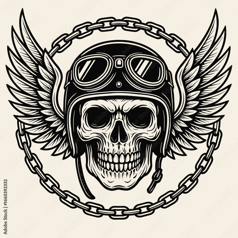 Fototapeta premium Edgy skull with wings and chain emblem