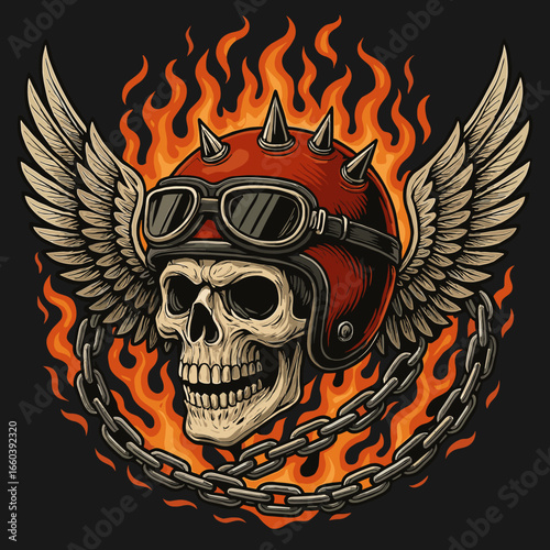 Fiery winged skull biker helmet, rebel spirit