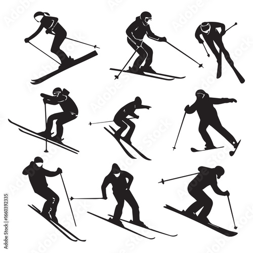 Collection of nine dynamic black silhouette illustrations of skiers in various poses and styles of downhill skiing on a white background