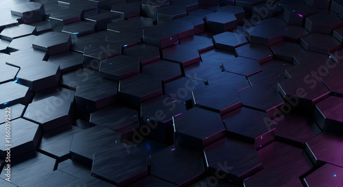 Dark futuristic hexagonal pattern with blue and purple lighting and a textured surface