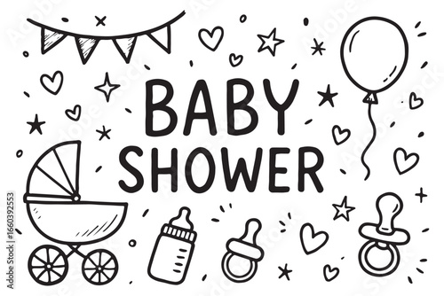 "Baby shower vector icons with baby stroller, bottle, pacifier, balloon, and stars, perfect for baby shower decorations, invitations, and celebrations"