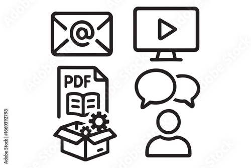 "Digital communication and content vector icons including email, video player, PDF, chat, and user, ideal for media, digital marketing, and communication themes"