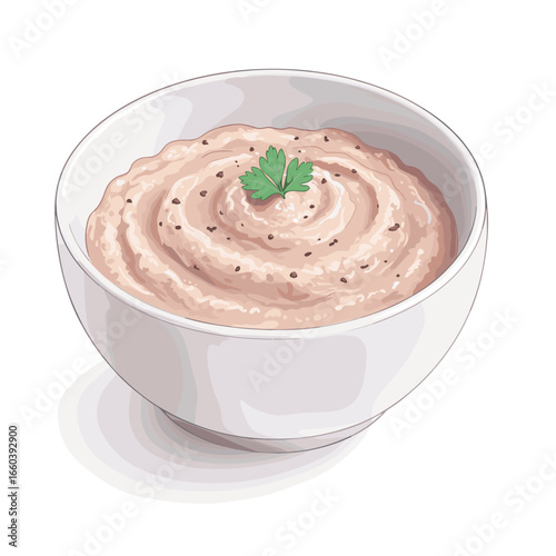 Tuna puree in a bowl garnished with fresh herbs  