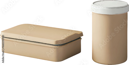 Beige Rectangular Box and Cylindrical Container with White Lid on White Background vector illustration