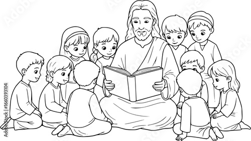 Jesus reading the Bible with Children coloring page.
