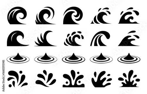 Collection of Black and White Water Wave and Splash Icons