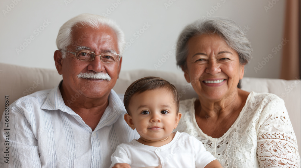 Portrait of hispanic grandparents smiling with young grandchild. Heartwarming expression of love, cultural heritage, and generational connection in family setting. National grandparents day. Portrait of hispanic grandparents smiling with young grandchild. Heartwarming expression of love, cultural heritage, and generational connection in family setting. National grandparents day.