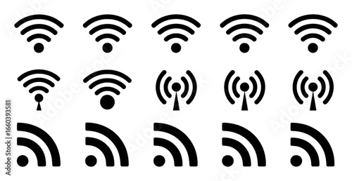Collection of Black and White Wi-Fi Signal Icons on White Background