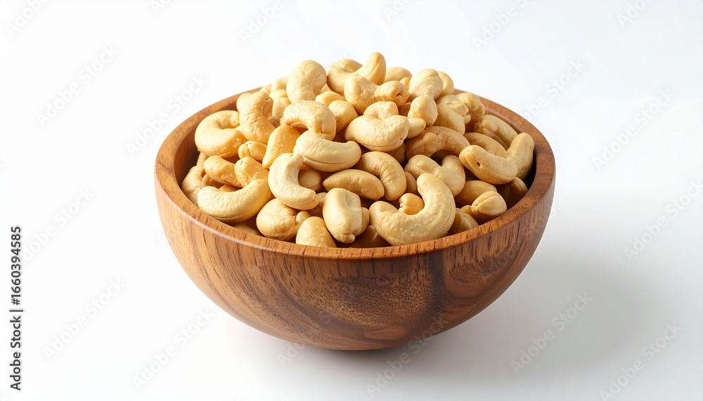 Wooden bowl filled with cashews, isolated on white background, front view, minimalistic composition, high-resolution. Wooden bowl filled with cashews, isolated on white background, front view, minimalistic composition, high-resolution.