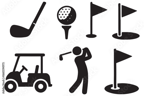 "golf icons for game equipment, golfer actions, and golf course, featuring clubs, balls, flags, and carts"
