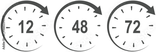 Triple clockwise timer set 12,48,72, black outline. black 12 hour icon. Timer Icons Set Bold and Filled. Twelve hour delivery clock icon graphic. Set of 12 circular clock icons showing 1 to 12 hours