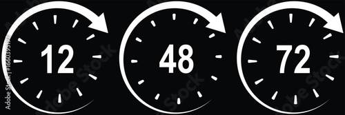 Triple clockwise timer set 12,48,72, black outline. black 12 hour icon. Timer Icons Set Bold and Filled. Twelve hour delivery clock icon graphic. Set of 12 circular clock icons showing 1 to 12 hours