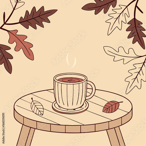Autumn Coffee Cup on Wooden Table with Falling Leaves