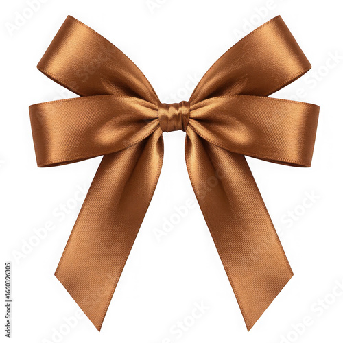 thin metallic brown copper satin ribbon bow with long straight silk strips isolate