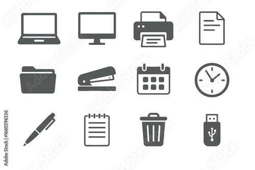 Office equipment icons: laptop, monitor, printer, document, folder, stapler, calendar, clock, pen, notebook, trash bin, usb
