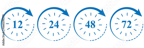  Classic Outlined and  Minimal Timers. Black outlined clocks with dashed inner ring Red open ring clocks with arrow 6, 12, 24, 48, 72 hours clock arrow. symbol work time, delivery and service time eps