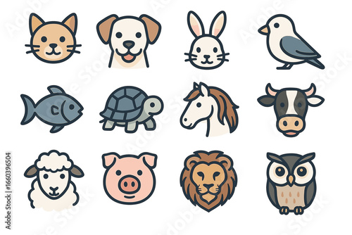 Colorful cartoon animal icons featuring cat, dog, rabbit, bird, and more