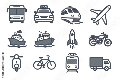 Various symbols of transportation: bus, taxi, train, airplane, and more