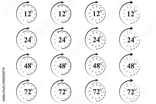 Icon Sheet and Mini Clocks Bundle. Grid of small black timer icons, clock icons, Multiple columns of small. Set of 16 circular clock icons showing 1 to 12 hours with bold numbers and clockwise arrows.