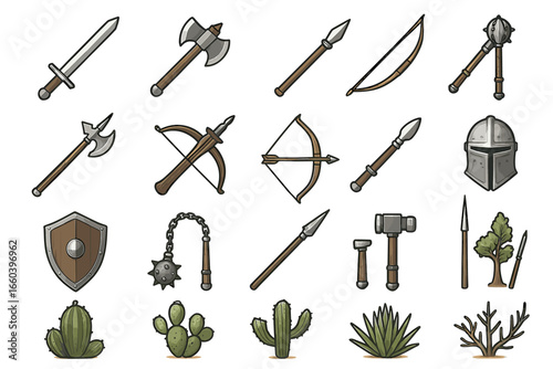 Collection of medieval weapons and cactus plants on white background