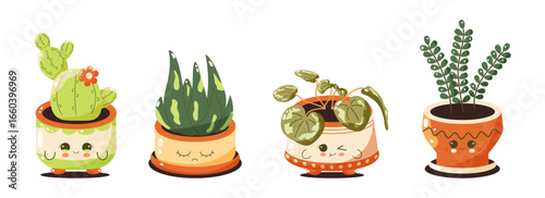 A set of cute plant characters in flowerpots with different emotions. Children's cartoon stickers for sketchbooks, notebooks, and prints. Kawaii illustration. Vector. Isolated.