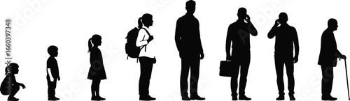 Male life stages silhouettes, child to elderly, aging, growth, timeline, development, manhood