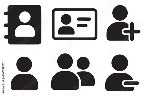 "User and contact management vector icons including contact book, ID card, add user, user group, and user profile, perfect for networking and CRM tools"