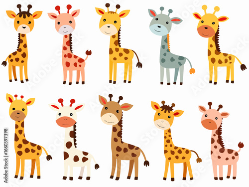 Cute cartoon giraffe seamless vector pattern illustration set for zoo and safari wildlife nature art