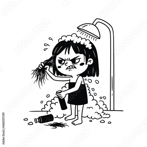 Angry girl with messy hair in shower bad hair day illustration cartoon vector