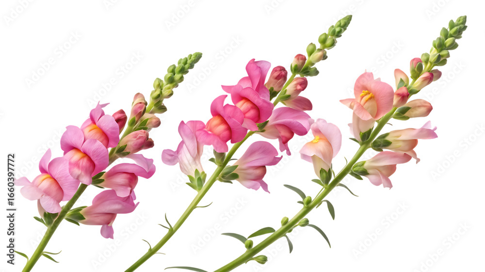 Fototapeta premium Three stems of pink snapdragons on black background