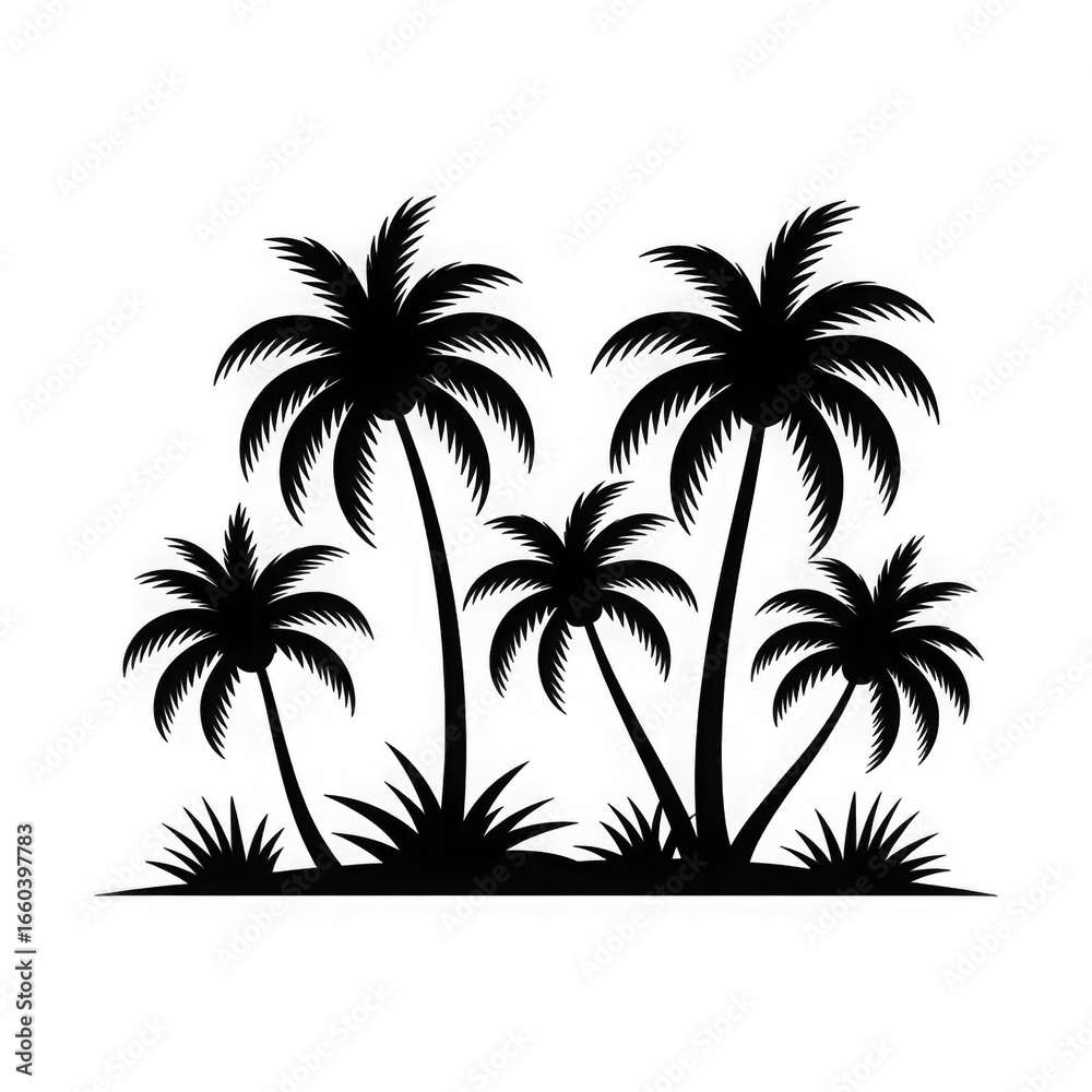 Fototapeta premium Vector silhouette illustration of various palm trees and grass tufts scattered across a white background design.