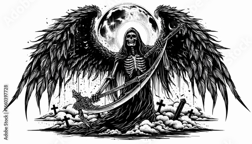 Grim Reaper angel with wings and swords, dark art