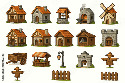 Charming medieval village icons with houses and market stalls