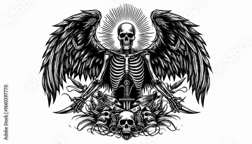 Grim Reaper angel with wings and swords, dark art