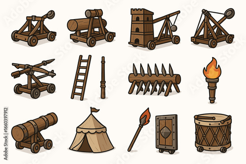 Medieval siege weapons and tools collection featuring catapults and trebuchets