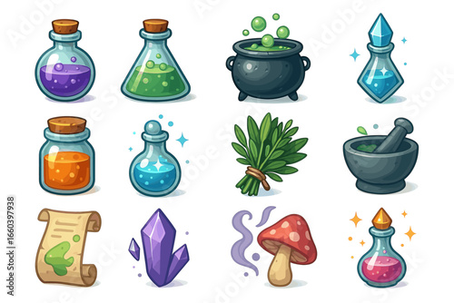 Magical potion ingredients and tools collection with cauldron and crystal
