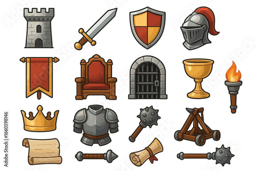 Medieval icon set: sword, armor, helm, castle, crown, shield, catapult, scroll, torch, banner