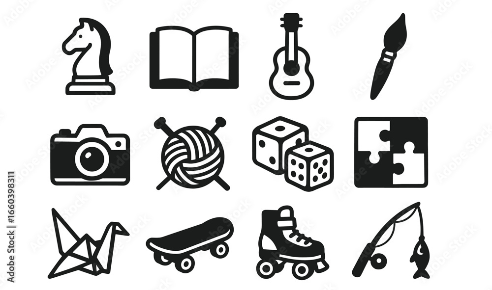 Fototapeta premium Collection of hobby and leisure icons including chess, music, and art
