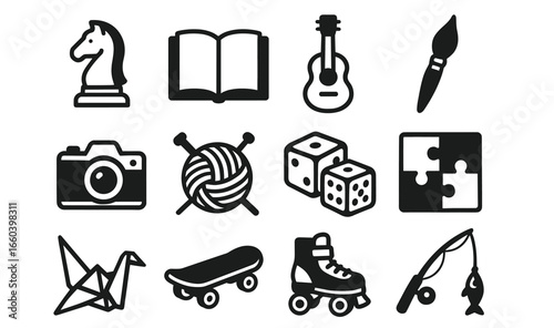 Collection of hobby and leisure icons including chess, music, and art